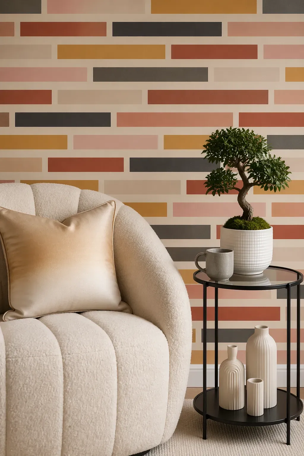 Geometric wallpaper with horizontal bars in charcoal grey, clay red, blush and ochre on a beige base.