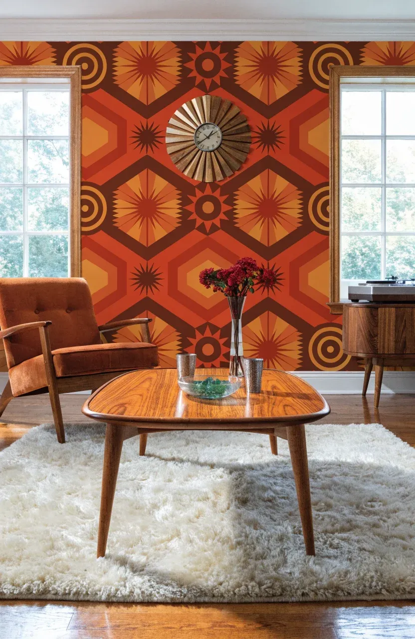 A retro living room with orange geometric wallpaper, teak furniture, and a sunburst clock.