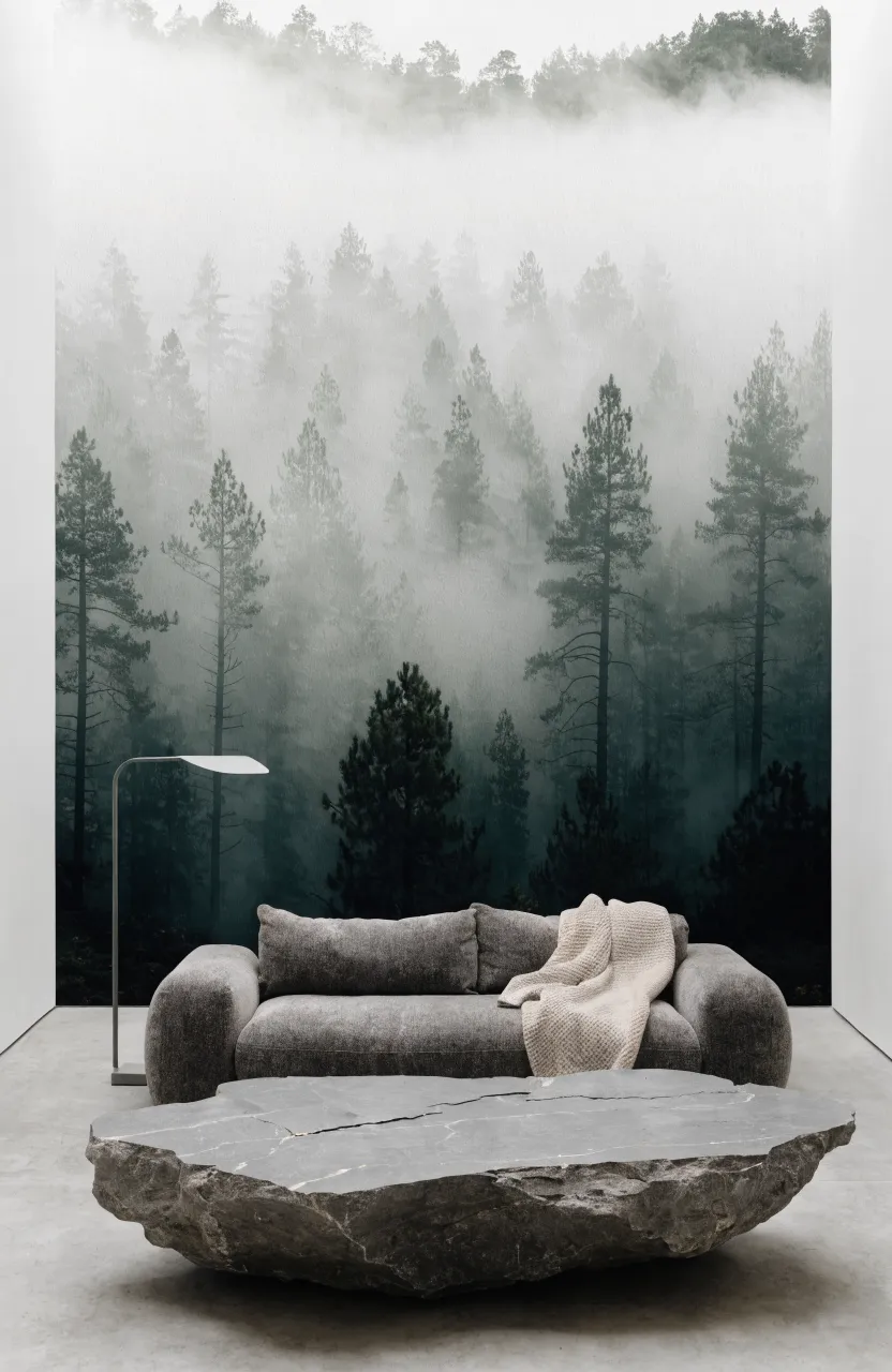 A peaceful living room with a misty forest mural and a minimalist grey sofa.