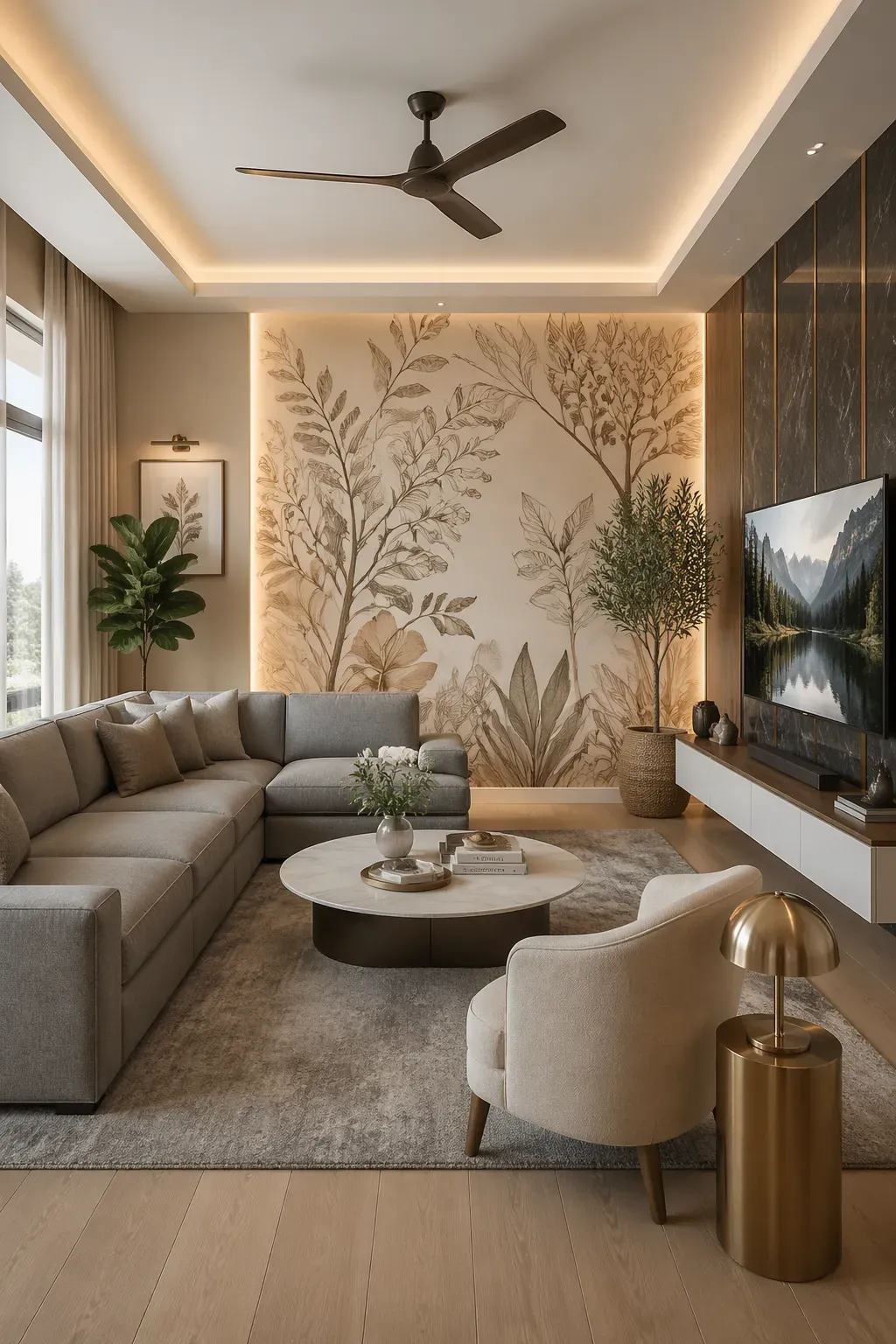 Contemporary living room featuring a line-art botanical mural framed by LED strips and dark charcoal marble.