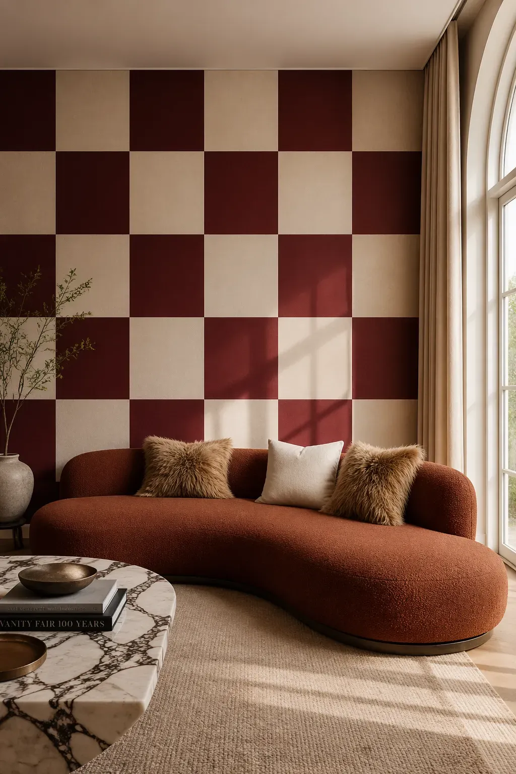 Large-scale checkerboard wallpaper in deep burgundy and eggshell cream behind a rust-colored curved sofa.