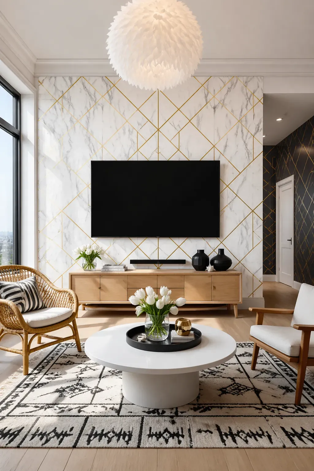 White marble texture wallpaper with a gold geometric diamond trellis overlay on a TV media wall.