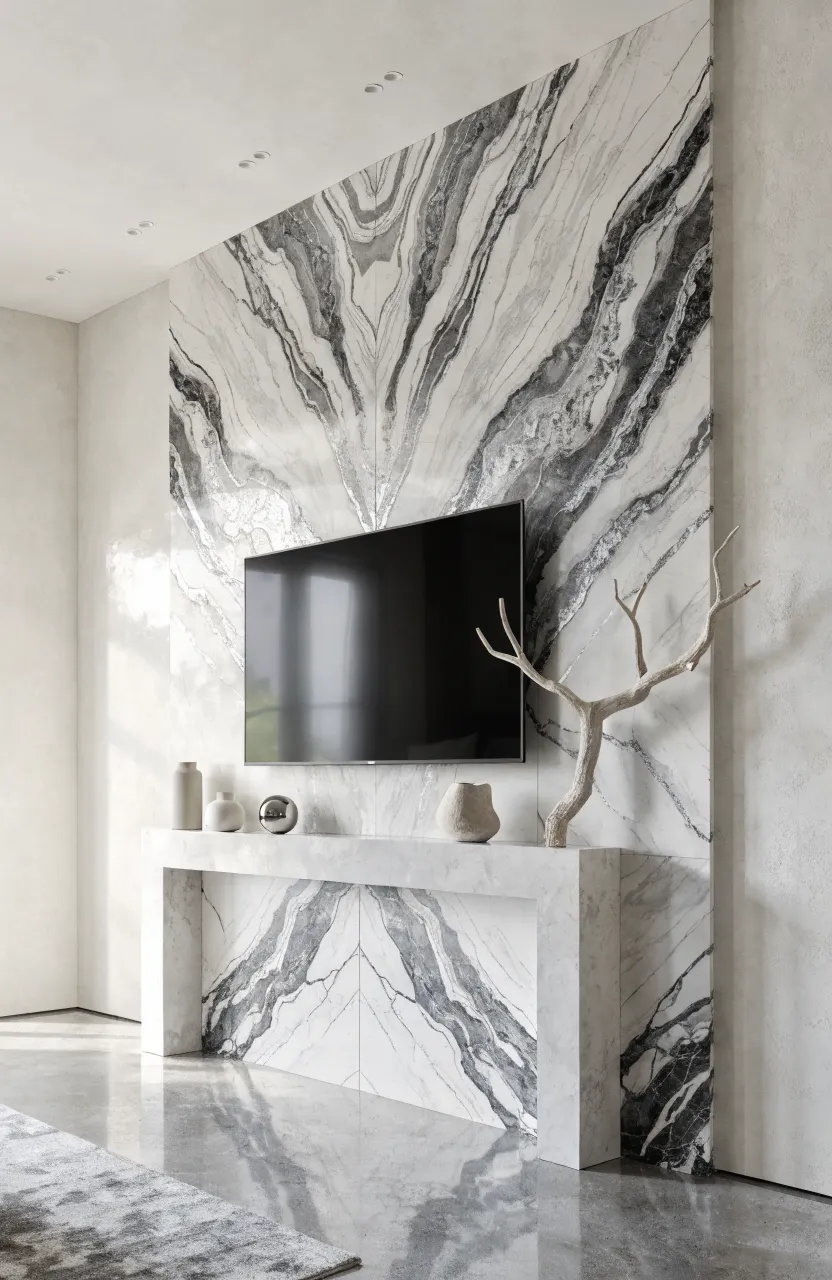 A modern living room featuring a white marble wallpaper wall with silver veining behind a fireplace.