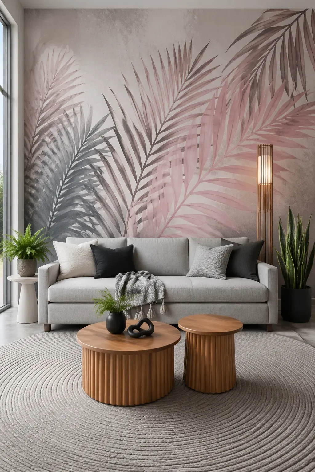 Large tropical palm leaf mural in soft gray, white, and dusty blush on a subtle concrete texture background.