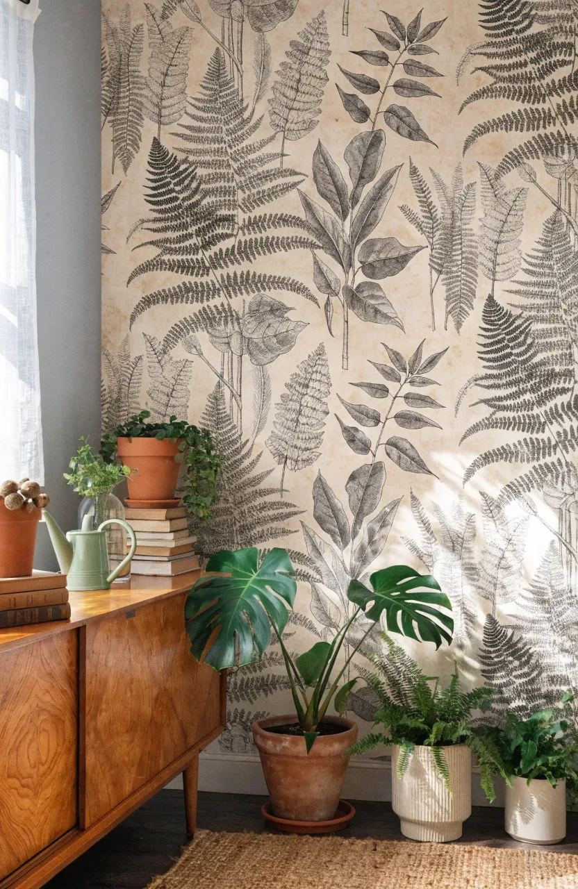 A peaceful living room with monochrome botanical wallpaper, a teak sideboard, and indoor plants.