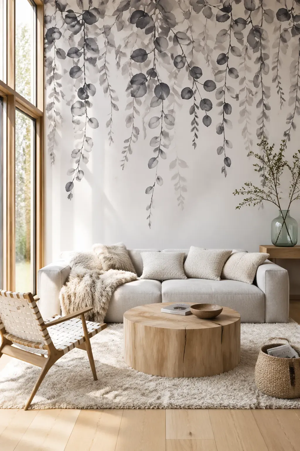 Monochrome ink-wash style mural showing hanging eucalyptus branches in gray and white behind a linen sofa.