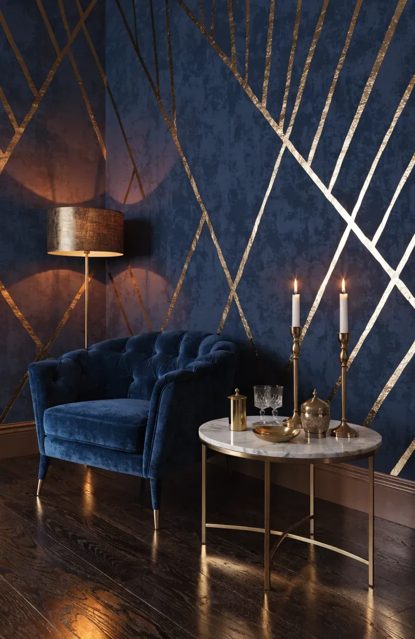 A luxurious living room with navy wallpaper featuring metallic gold accents and a navy velvet chair.