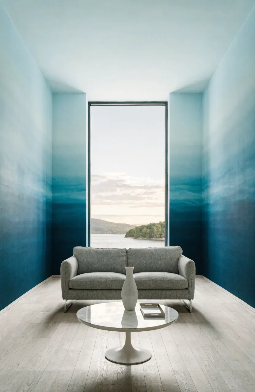 A serene living room with ombre wallpaper fading from deep teal at the floor to light blue at the ceiling.