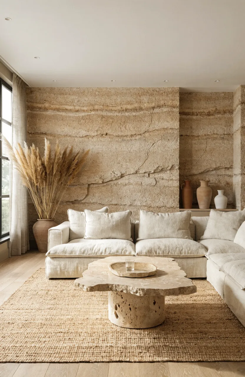 A warm neutral living room with sandstone texture wallpaper and a cream linen sofa.