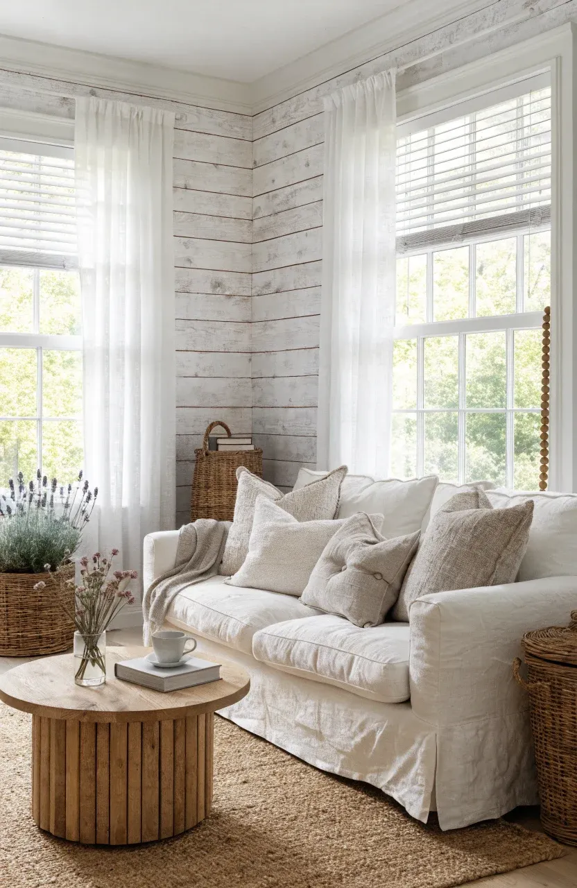 A bright farmhouse living room with white shiplap wallpaper and a white slipcovered sofa.