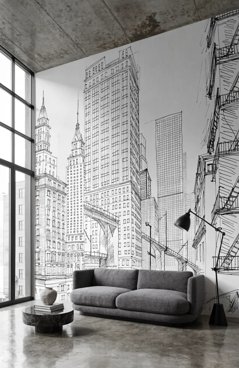A modern living room with a feature wall of black and white cityscape sketch wallpaper.