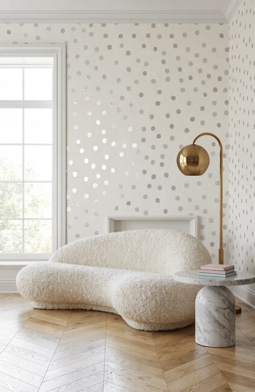 A bright living room with subtle metallic polka dot wallpaper and a cream bouclé sofa.