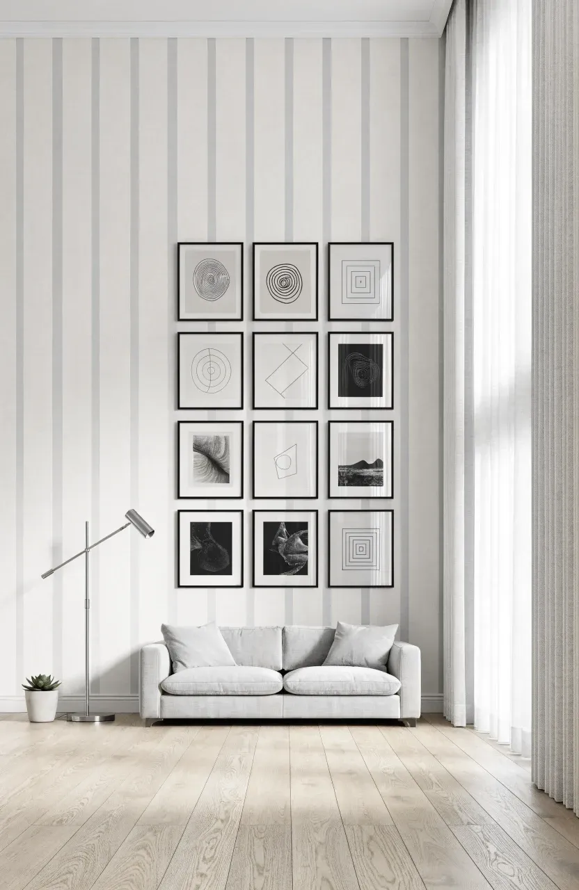 A bright living room with subtle vertical striped wallpaper and a gallery wall of framed art.