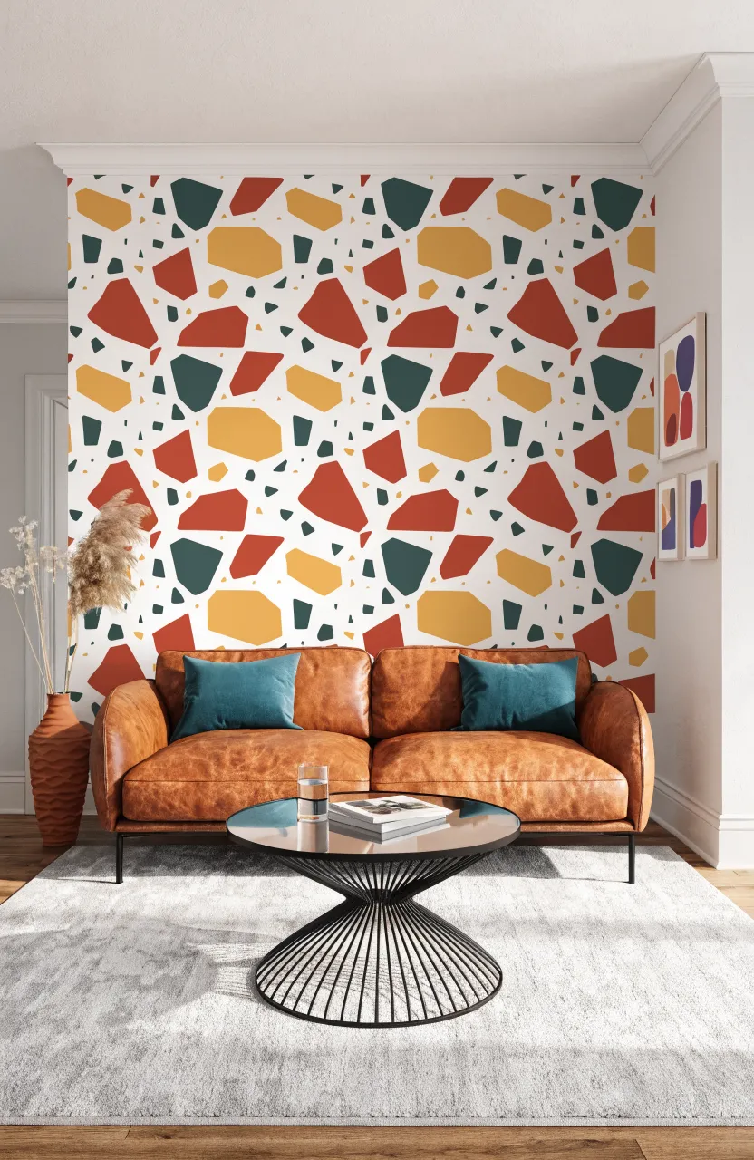 A playful living room with colorful terrazzo print wallpaper and a tan leather sofa.