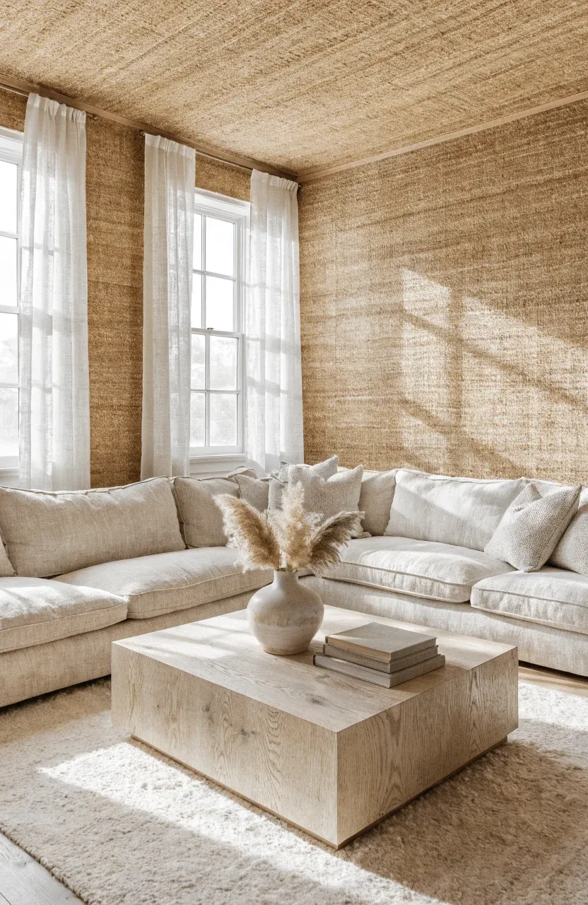 A warm living room with textured tan grasscloth wallpaper, a cream linen sofa, and oak furniture.