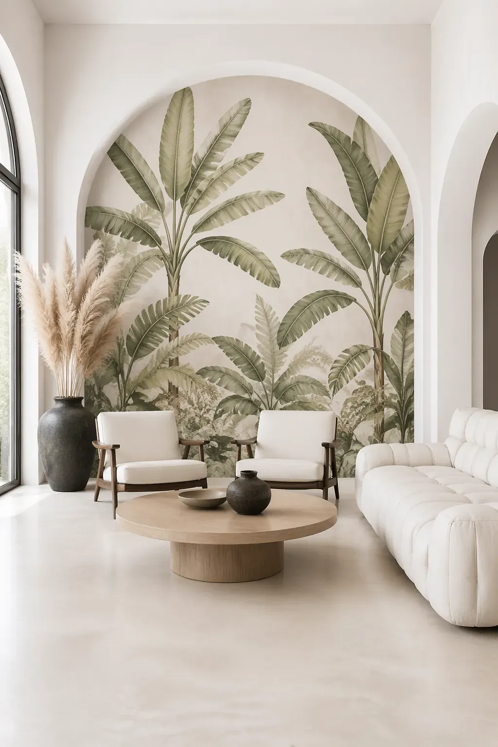 Arched alcove featuring an olive and sage green banana leaf tree mural in a white minimalist room.