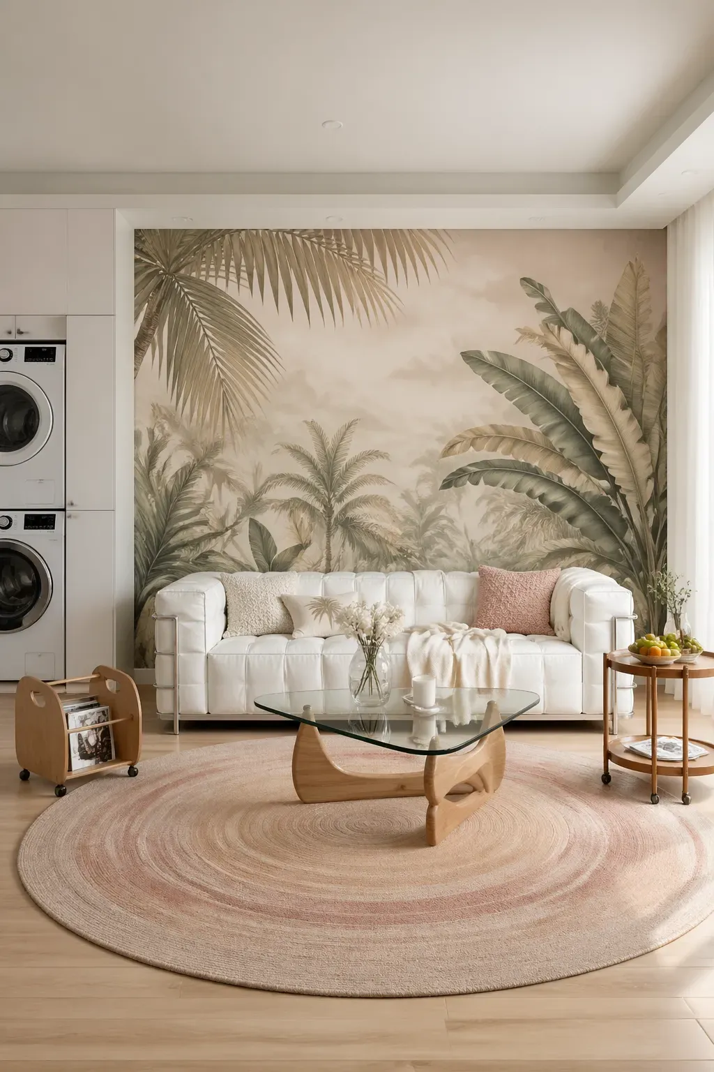 Floor-to-ceiling accent wall featuring a soft-focus sepia and sage green tropical botanical mural.