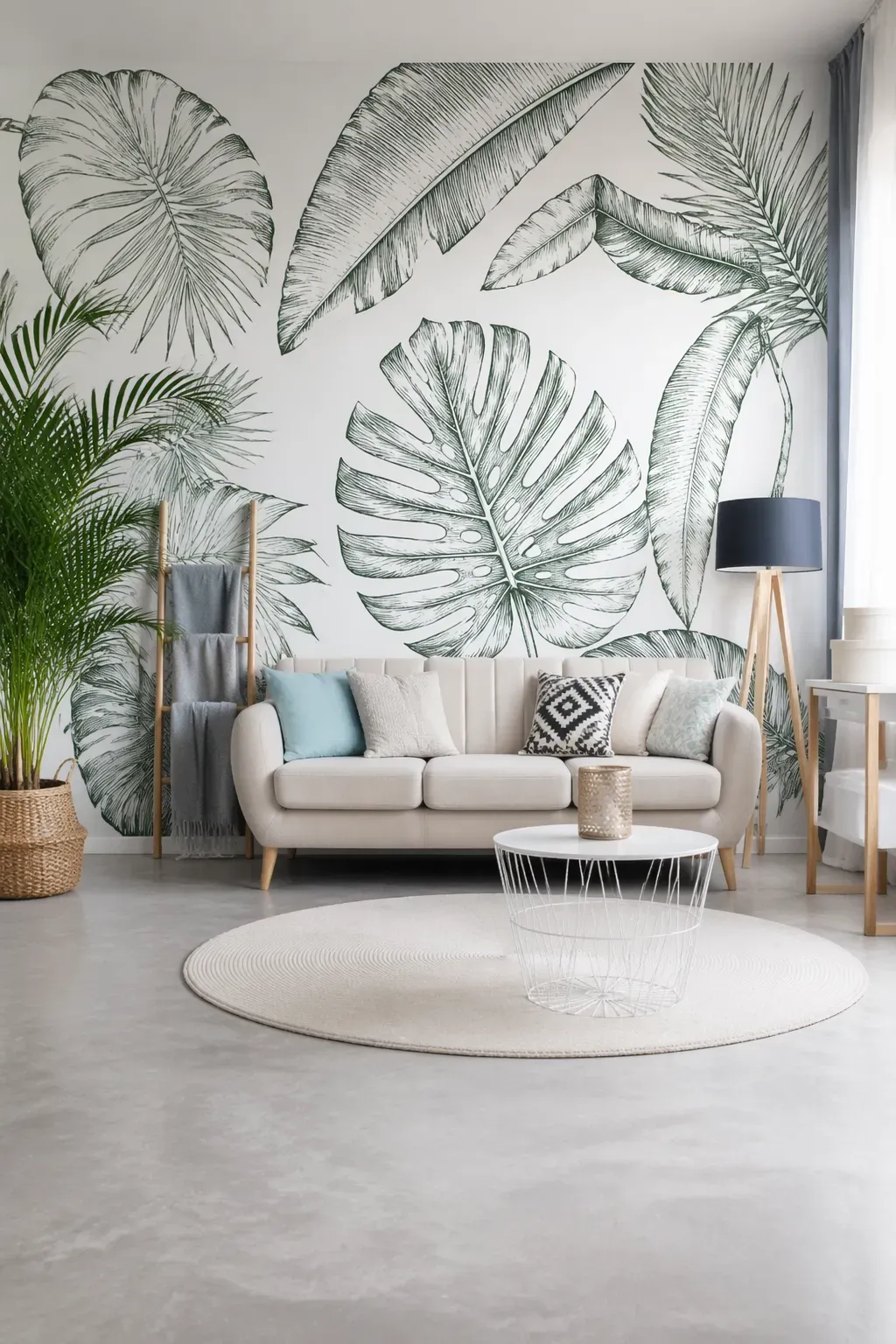 White wallpaper with hand-drawn green tropical leaf sketches including monstera and banana leaves.