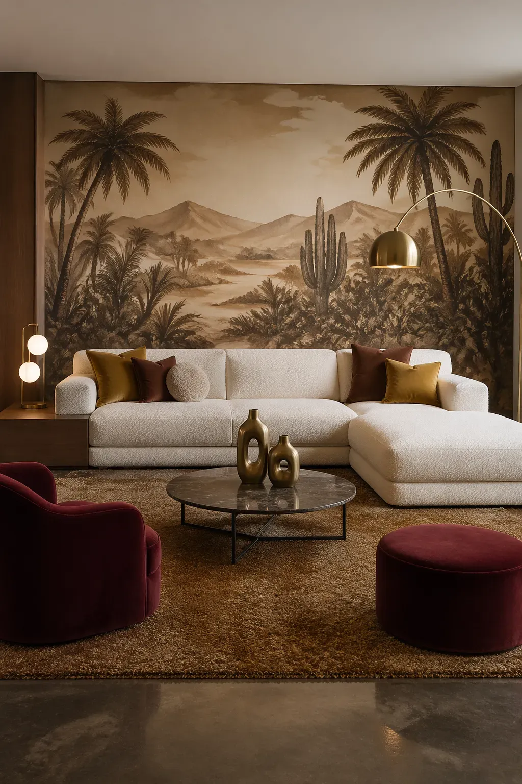 Muted tropical mural with palm trees and cacti in a sepia watercolor style behind a white boucle sectional.