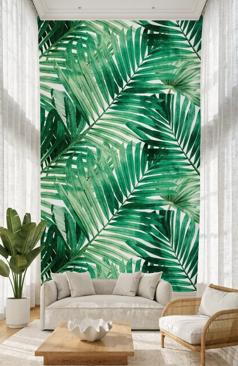 A modern living room with green palm leaf wallpaper, rattan furniture, and bright natural light.