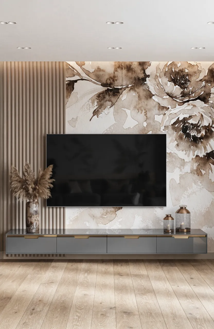 Watercolor peony mural in sepia and taupe tones on a living room wall with a gray console.