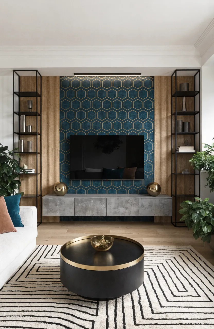 A teal and gold honeycomb pattern wallpaper flanked by oak wood slats behind a television.