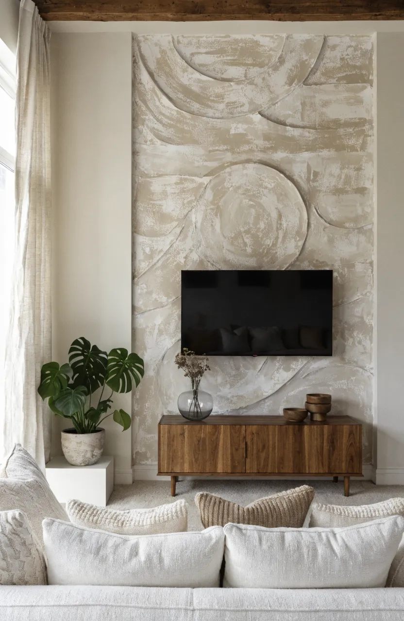 Beige monochromatic plaster-textured wallpaper behind a TV in a room with a dark wood beam.