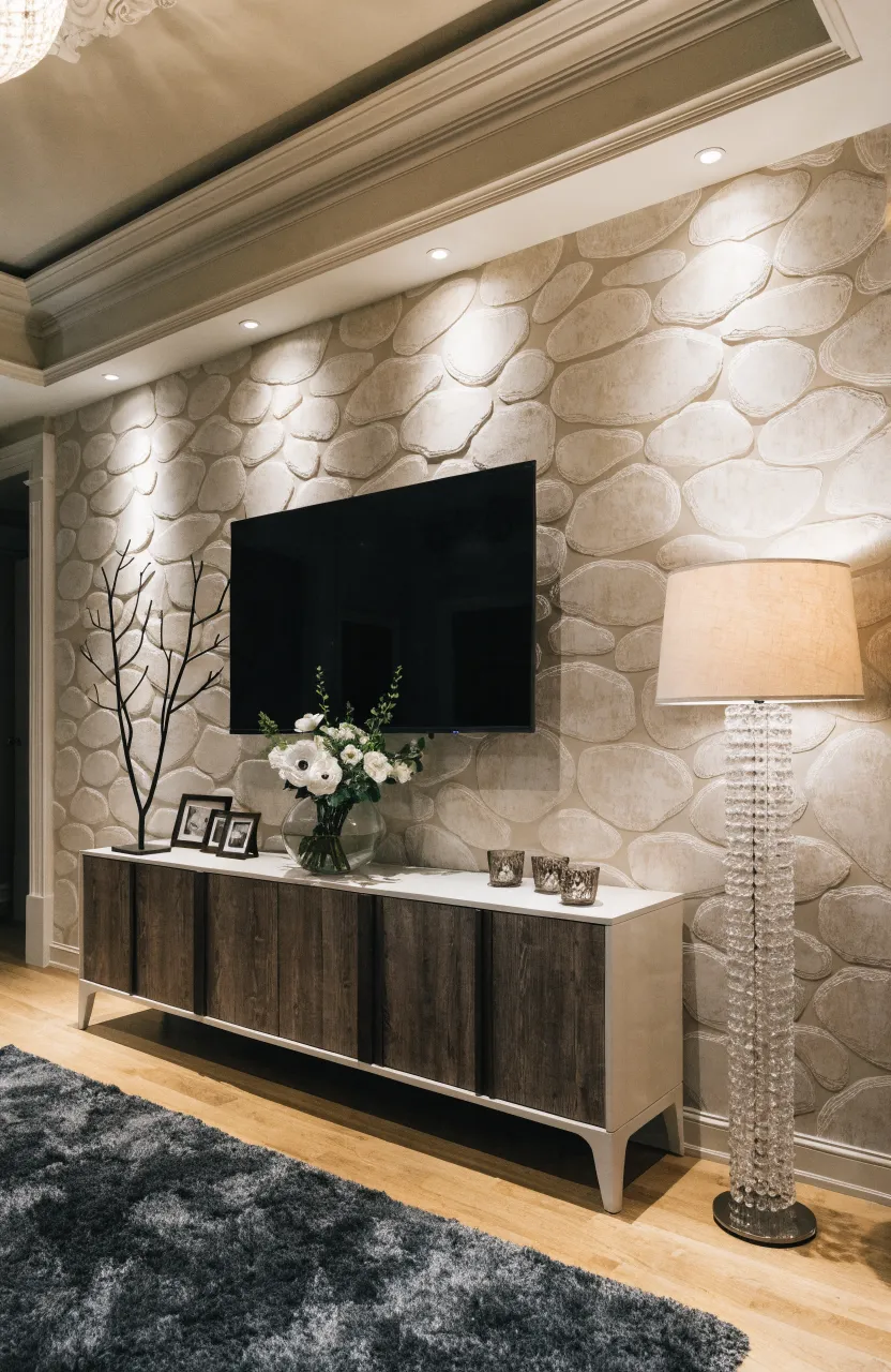 Beige wallpaper with a large organic pebble pattern behind a TV and minimalist console.