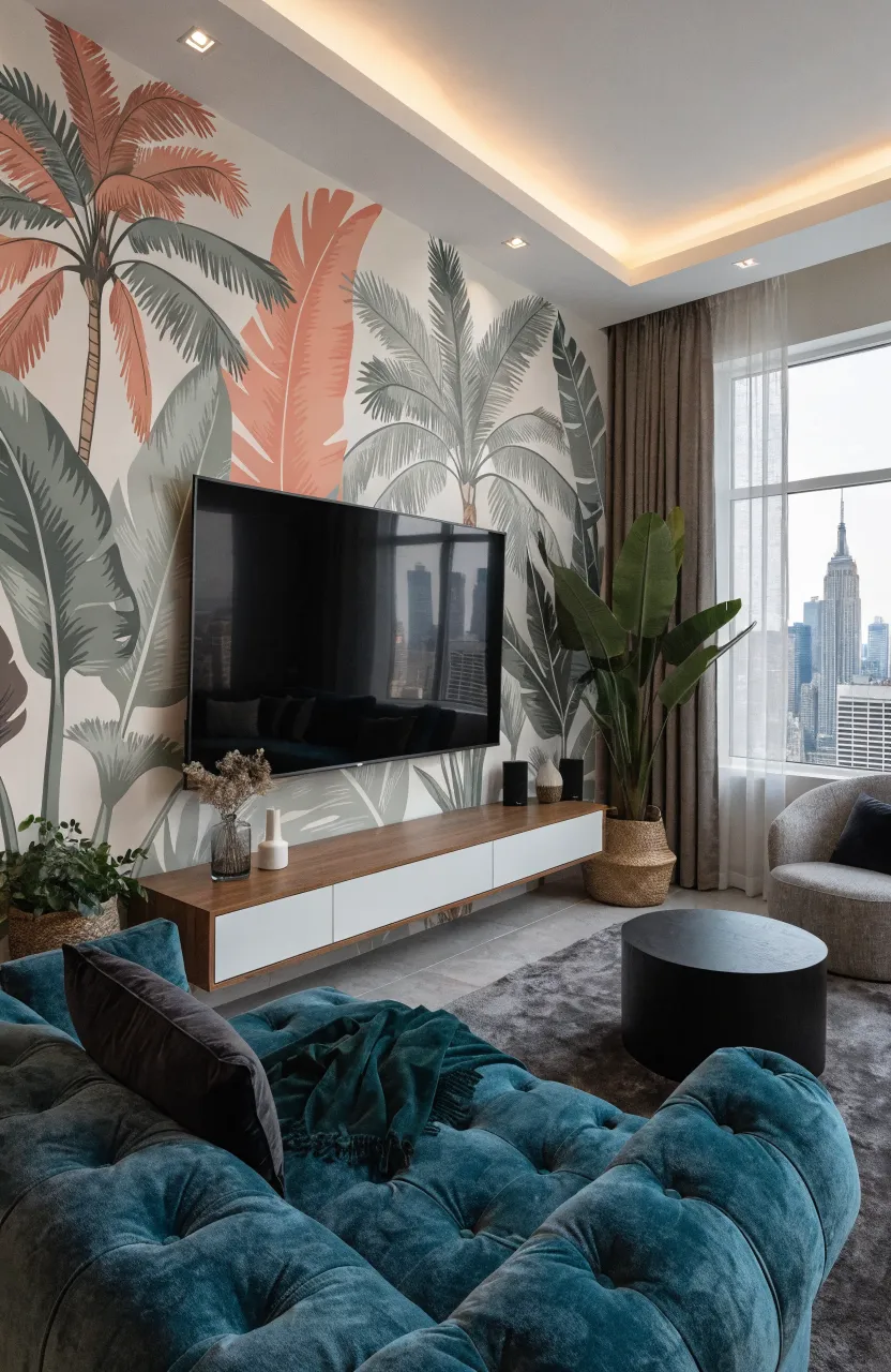 Vibrant tropical leaf wallpaper in coral and teal as a backdrop for a wall-mounted TV.