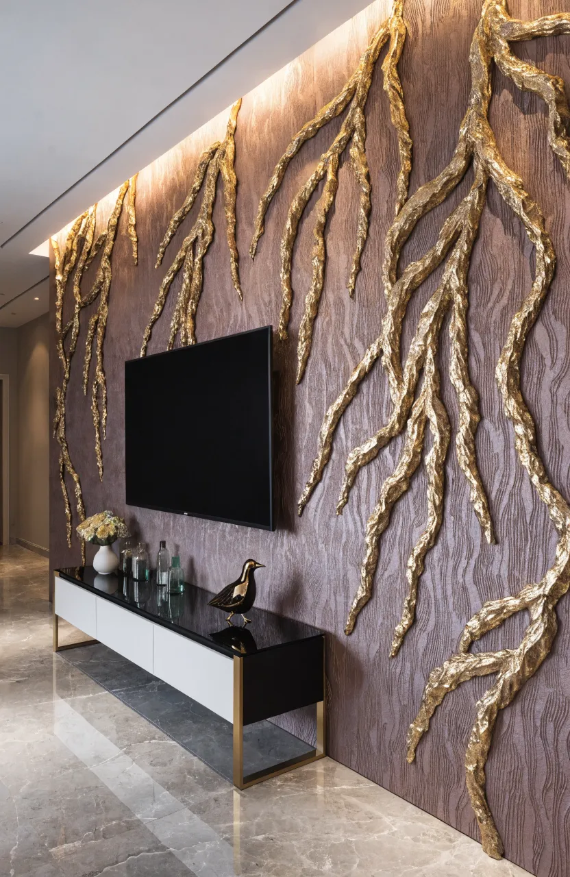 Mauve-taupe wallpaper with metallic gold leaf willow branch patterns behind a TV.