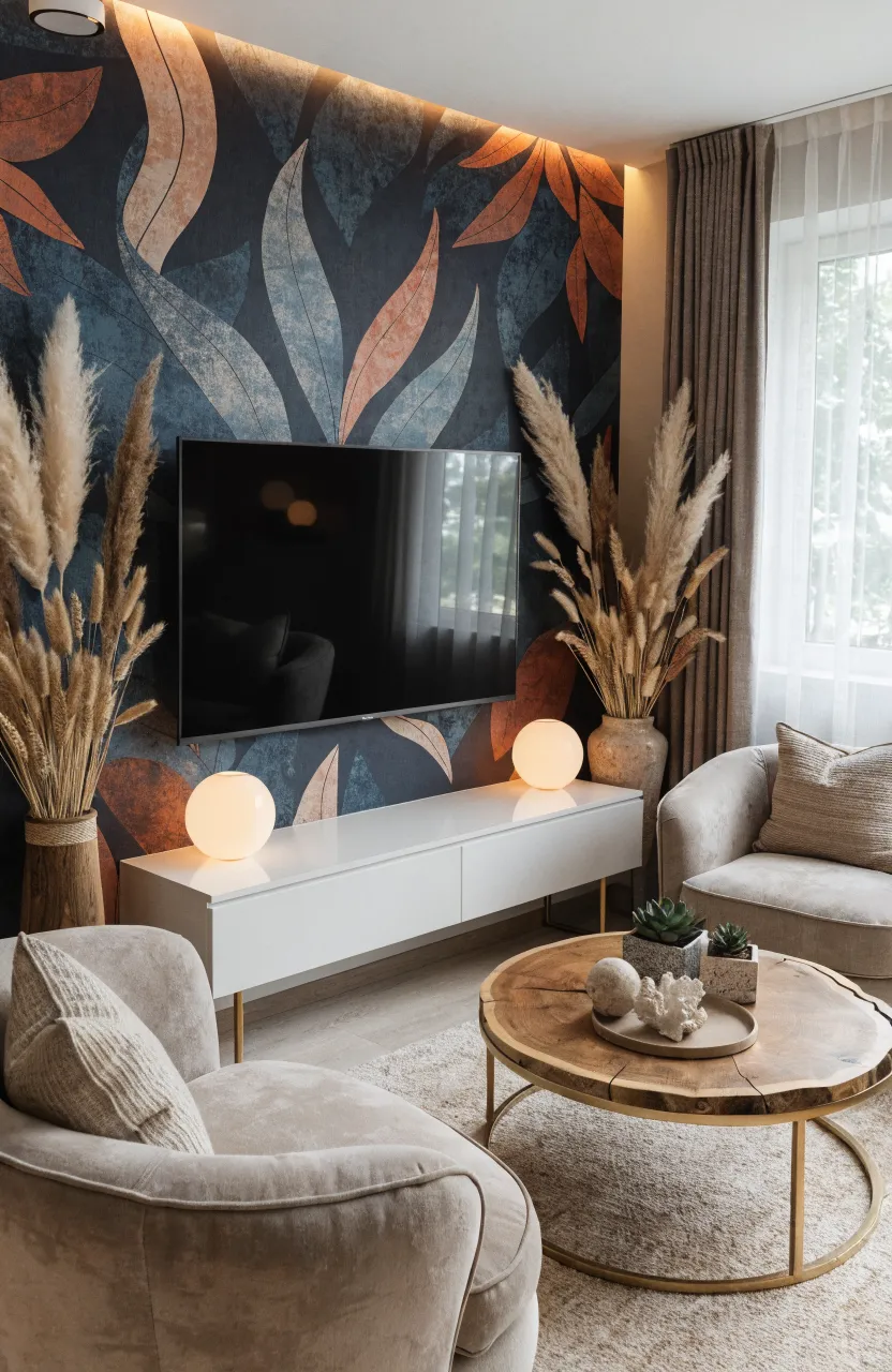 Dark botanical wallpaper with large leaf patterns behind a television with spherical globe lamps.