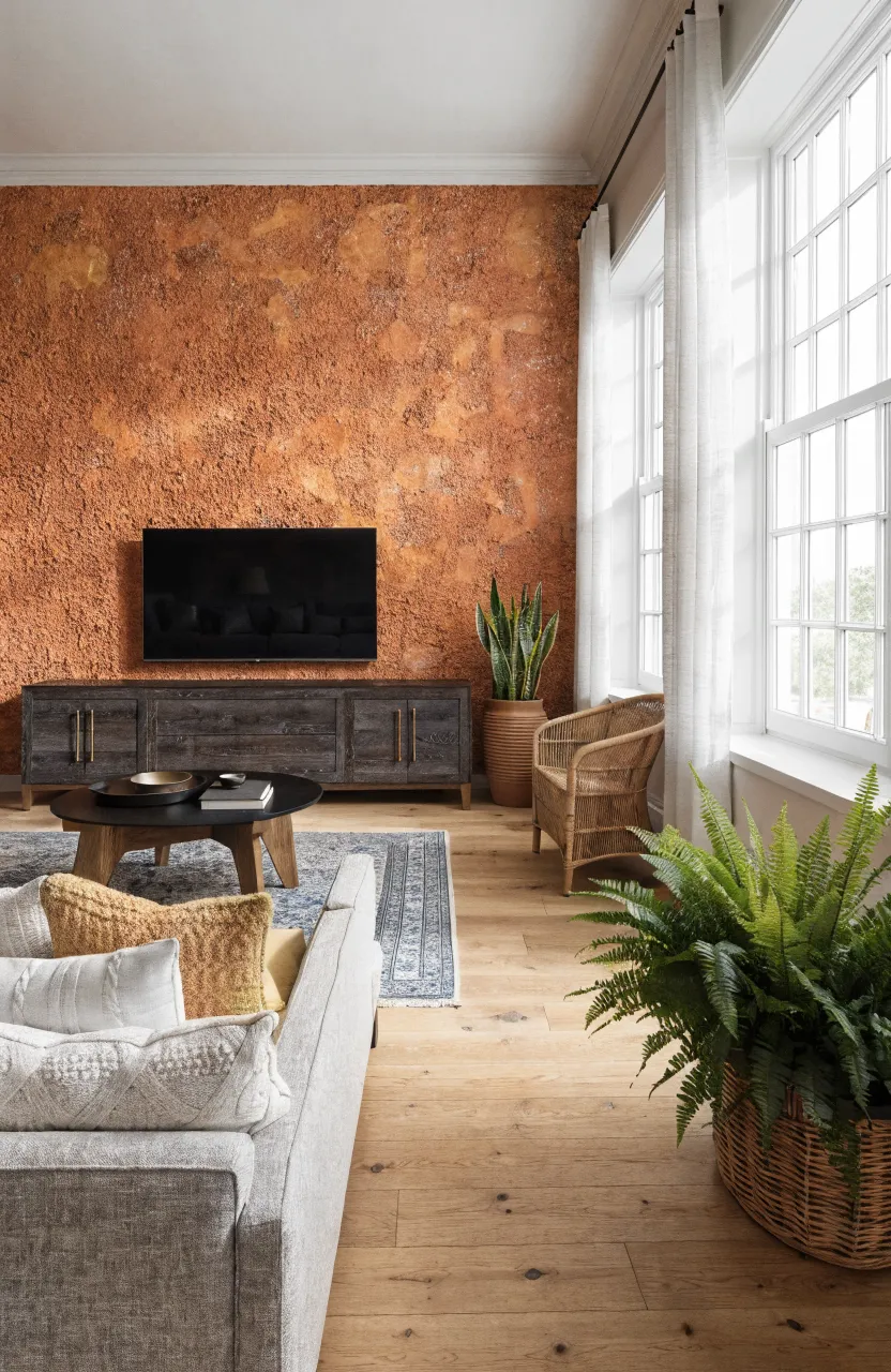 A modern living room with an ochre textured wallpaper behind a wall-mounted TV and a charcoal media console.