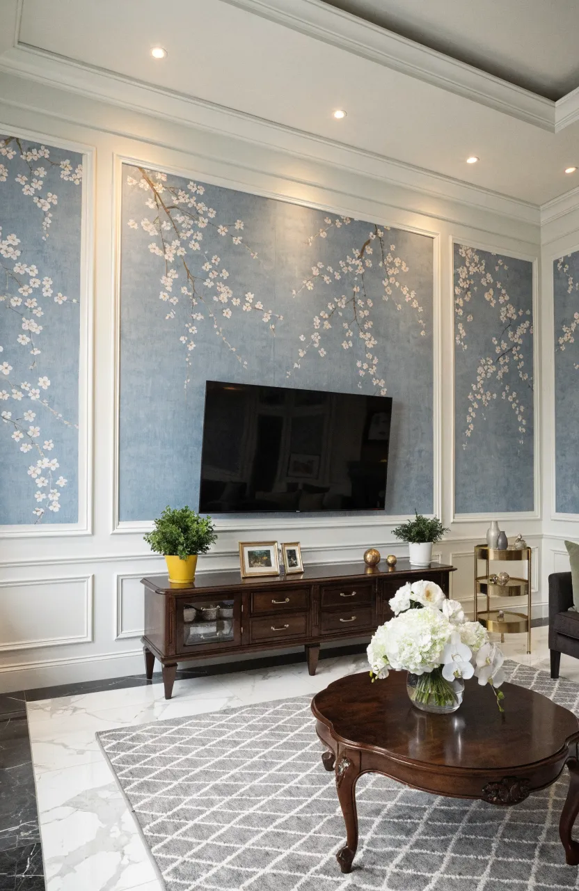 Transitional living room featuring white wall molding frames with blue floral wallpaper.