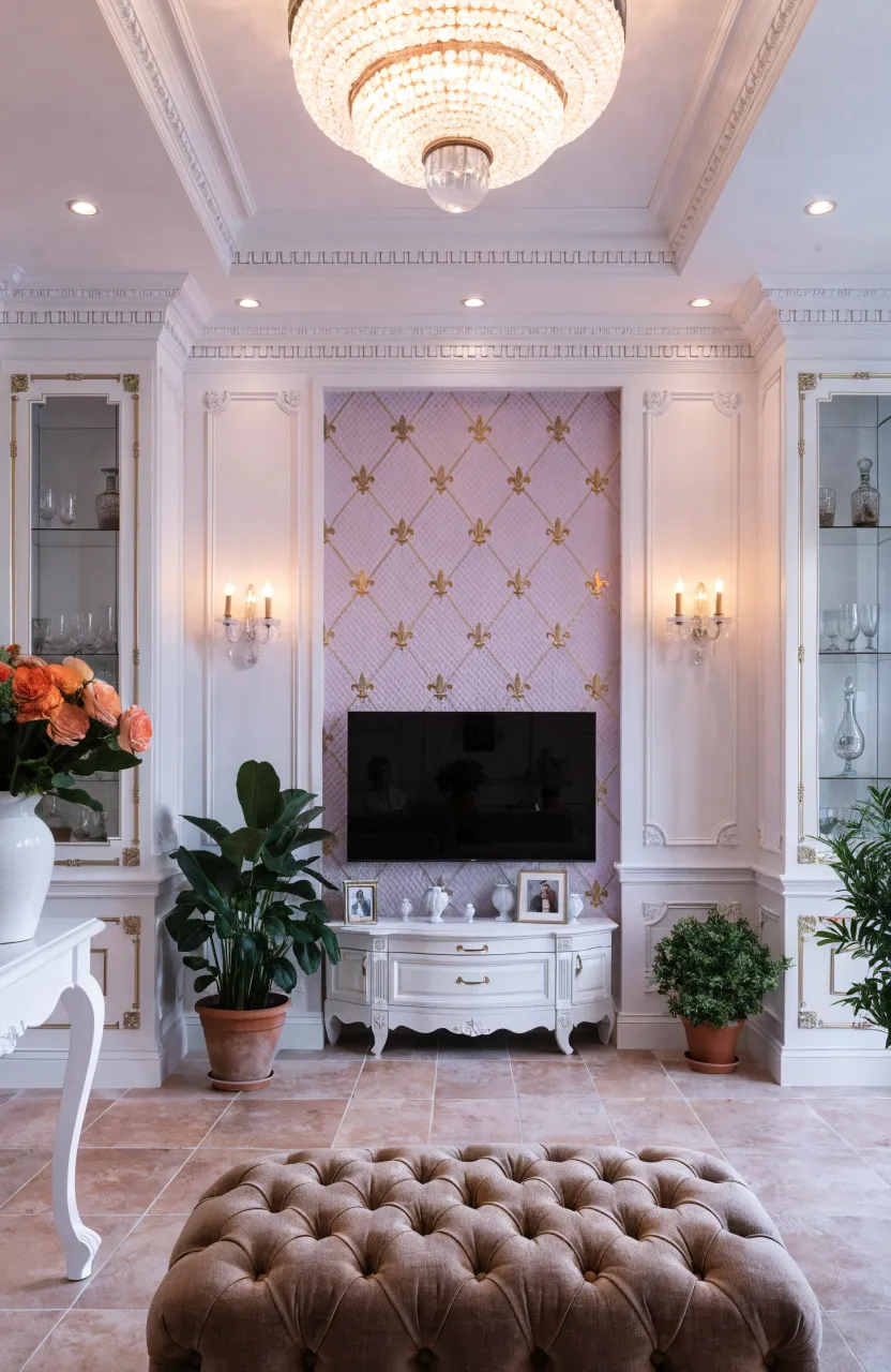 Luxury living room with a lavender diamond pattern wallpaper and white ornate cabinetry.