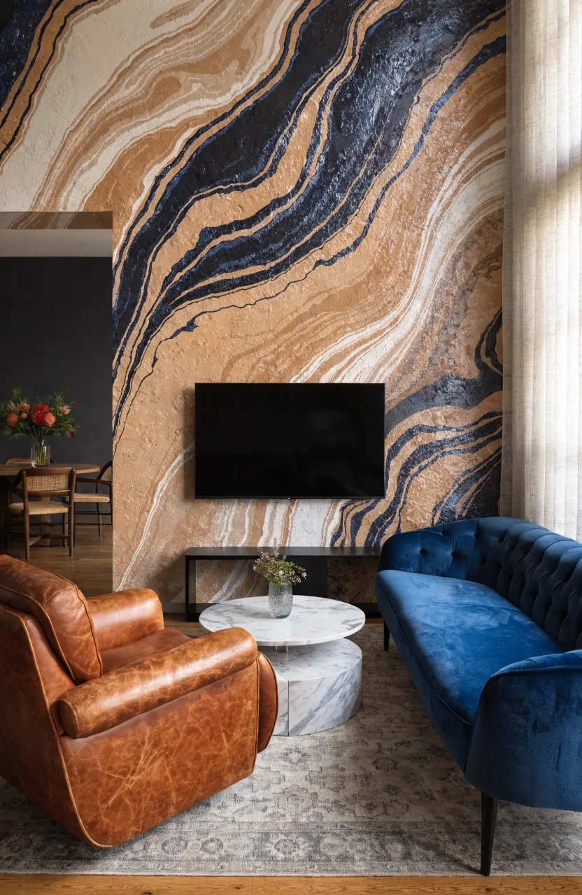 An abstract wallpaper mural with tan and navy fluid shapes behind a black console and TV.