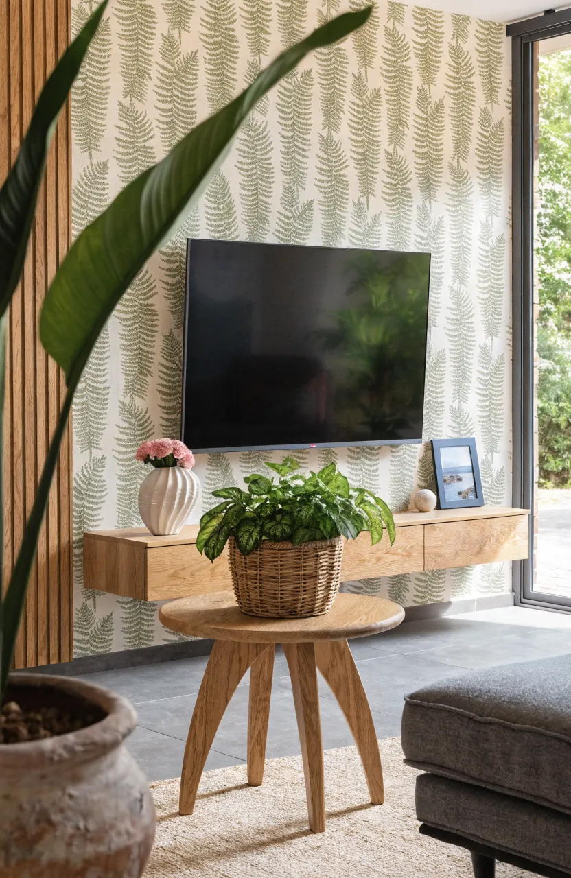 Sage green fern pattern wallpaper with a light oak wood slat partition next to a TV.