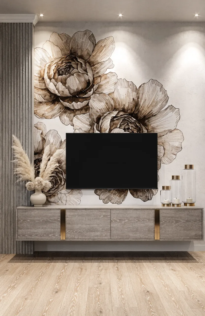 A sepia watercolor peony mural paired with grey fluted wood panels on a TV wall.