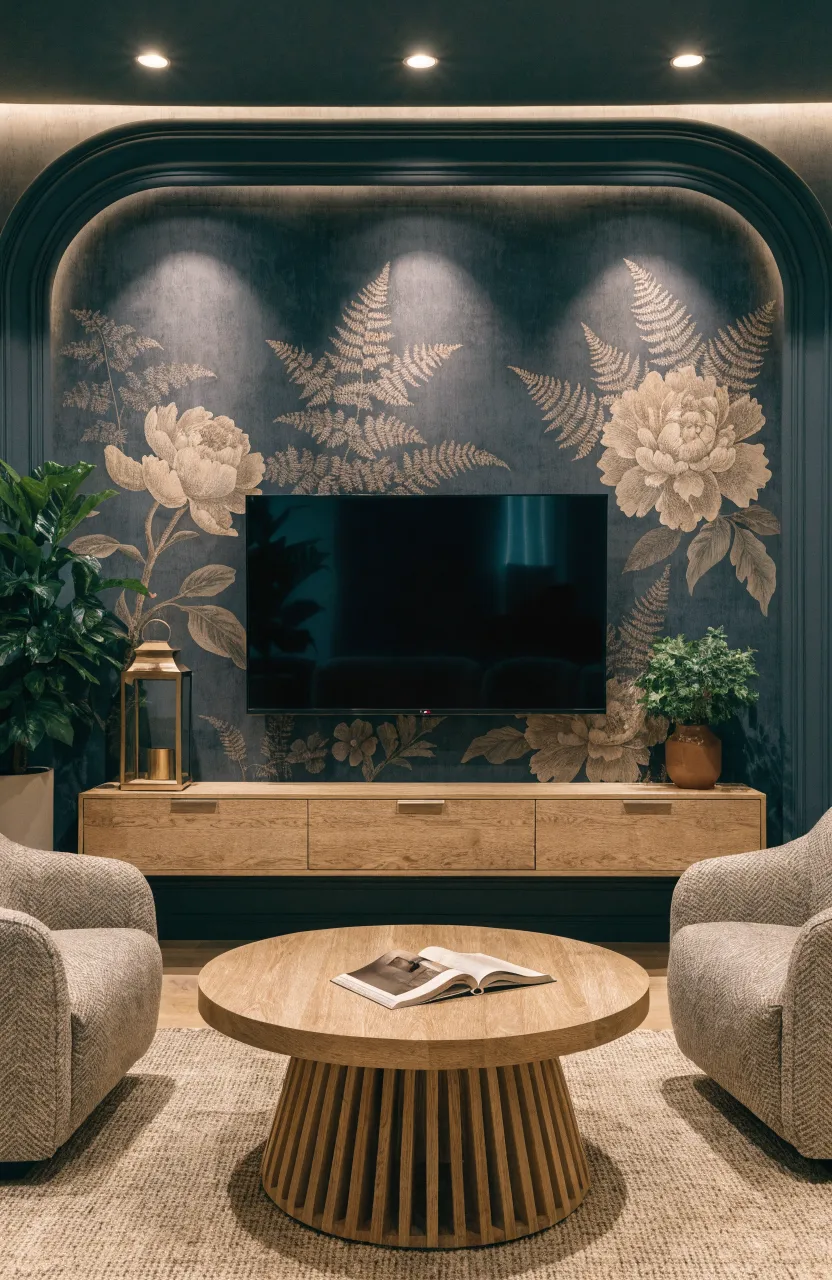 Dark slate grey wallpaper with large vintage floral prints behind a floating oak TV console.
