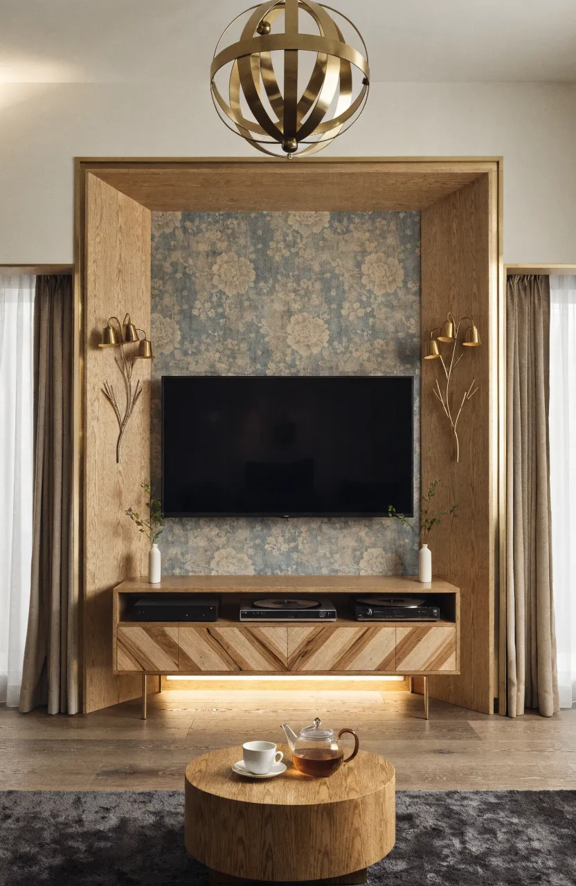 Soft floral wallpaper inside a recessed oak framed wall niche with a wall-mounted TV.