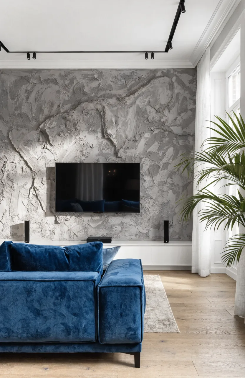 A gray concrete-textured feature wall behind a TV with a white floating console.