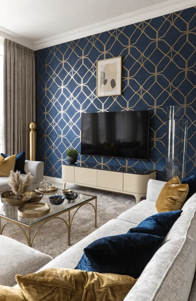 Deep navy wallpaper with gold geometric lines behind a TV in a luxury apartment setting.
