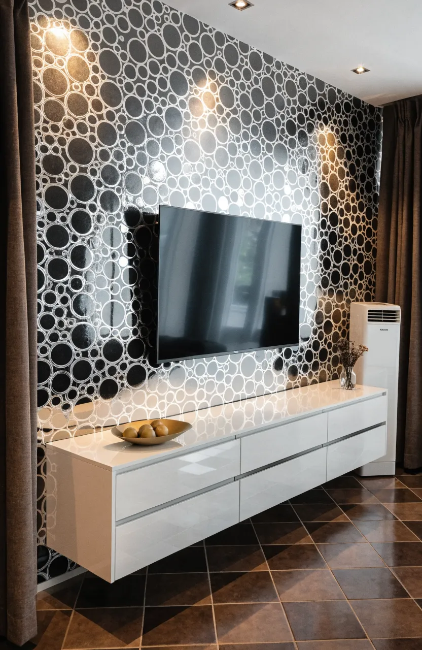 White wallpaper with black and silver metallic overlapping circles on a living room feature wall.