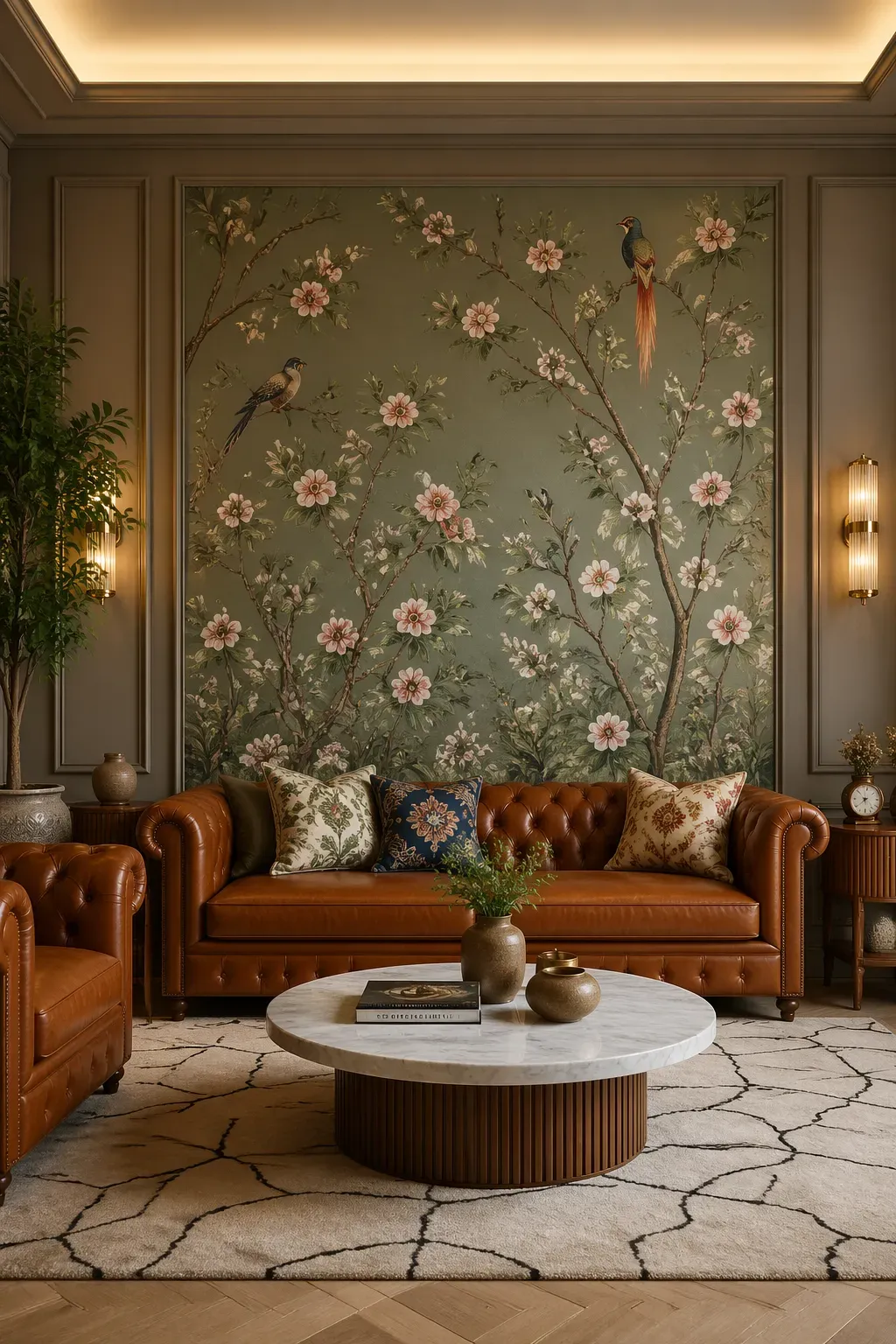 Sage green Chinoiserie mural with birds and pink flowers behind a cognac brown leather tufted sofa.
