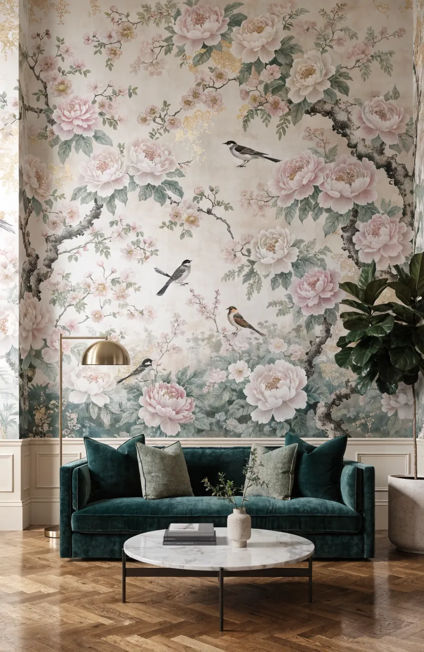 A modern living room featuring intricate bird and garden Chinoiserie wallpaper behind a green sofa.