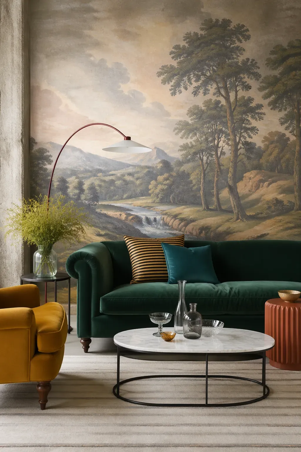 Grand landscape mural depicting a countryside with hills and streams in a muted, painterly texture.