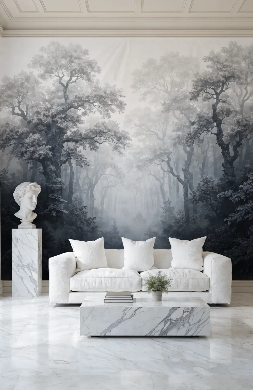 A monochromatic hazy forest mural featuring grey and white trees behind a white sofa.