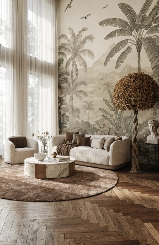Large sepia-toned vintage jungle mural with palm trees and mountains.