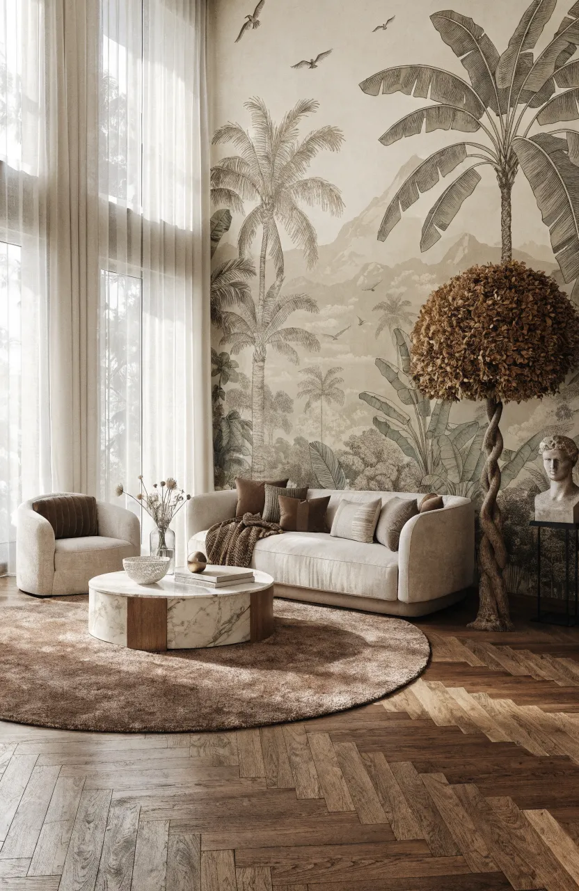 Large sepia-toned vintage jungle mural with palm trees and mountains.