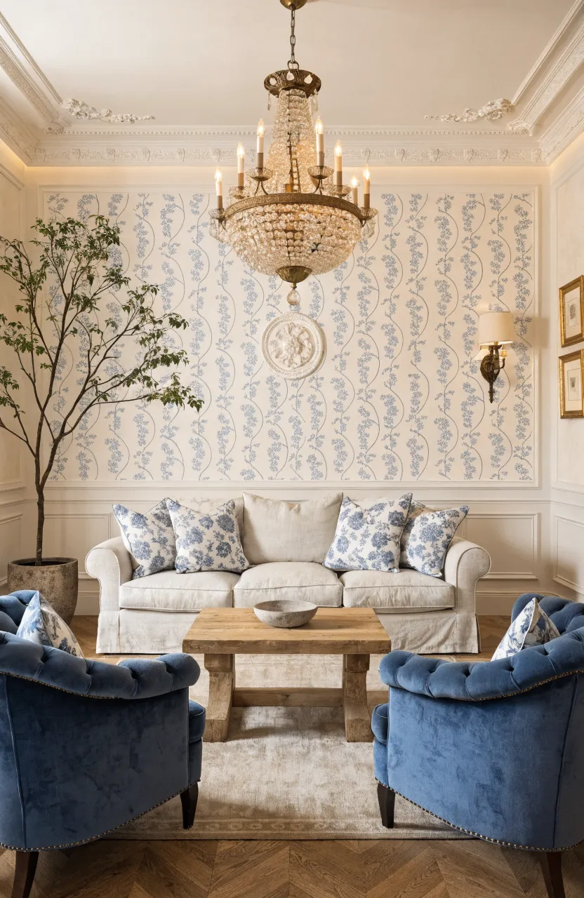 Traditional living room featuring blue floral wallpaper and white wainscoting.
