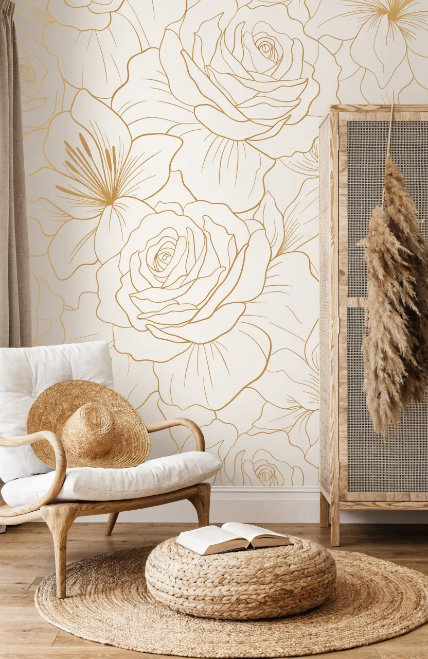 Light wood furniture in front of a cream wallpaper with metallic gold floral outlines.